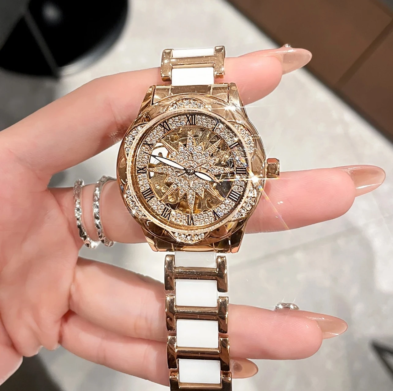 Women\'s Mechanical Watches Wristwatch Fashion Trend Sunflower Light Luxury Hundred Ceramic Mechanical Women\'s Watches Waterproof