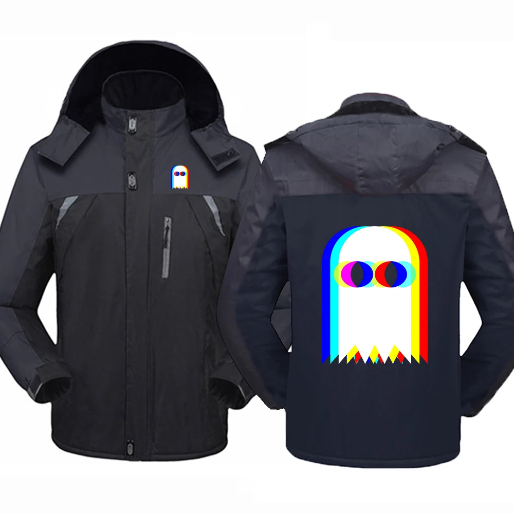 

2025 Autumn And Winter Men's Thicken Funny Ghost Psychedelic Vaporwave Halloween EDM Music Logo Print Cotton-Padded Jacket