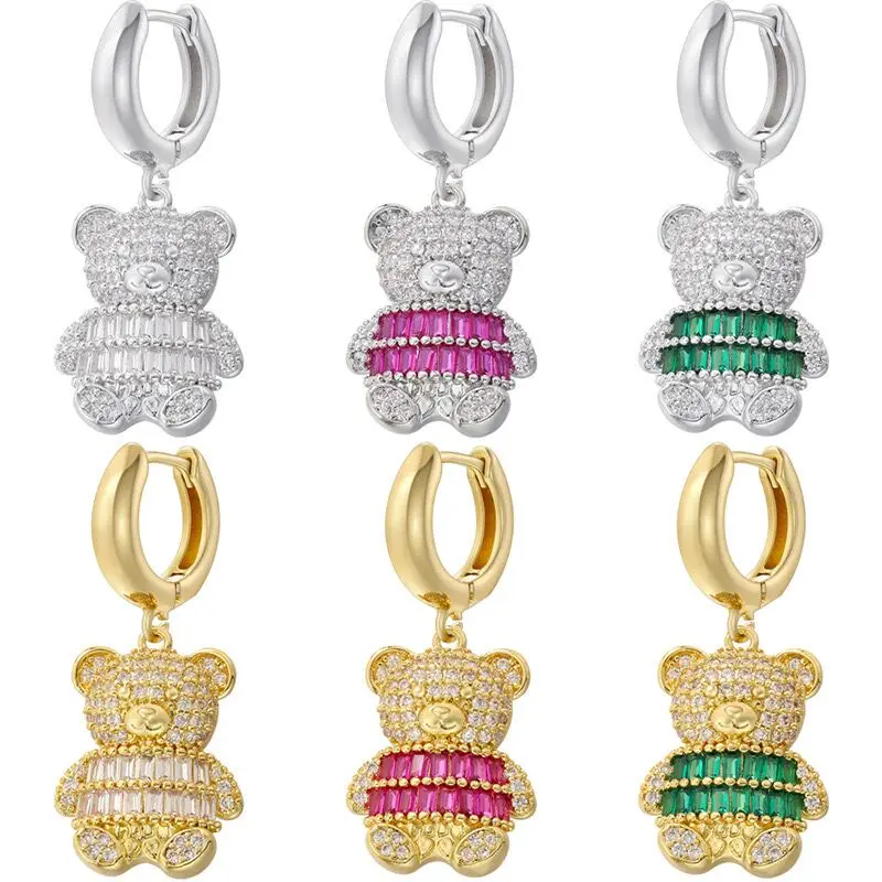 EYIKA Fashion Gold Silver Color Cute Cartoon Bear Hoop Earrings For Women Colorful Zircon Crystal Animal Huggie Earrings Jewelry