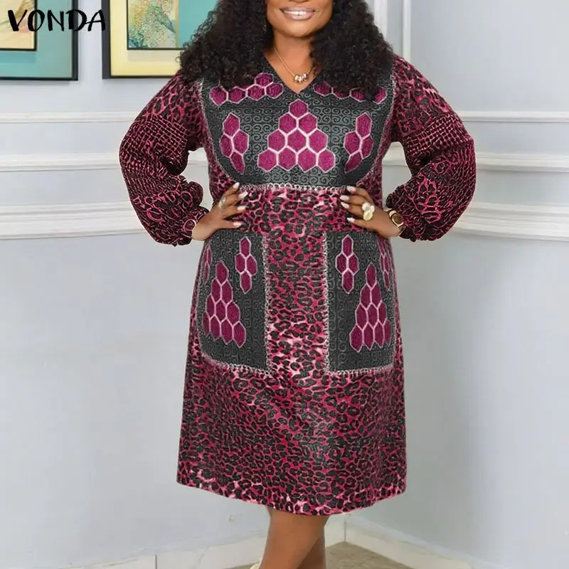 

Платье VONDA больших размеров, миди, с богемным принтом, женское, с длинным рукавом, винтажное, повседневное, свободного кроя, с V-образным вырезом, для вечеринок, 4XL, 5XL