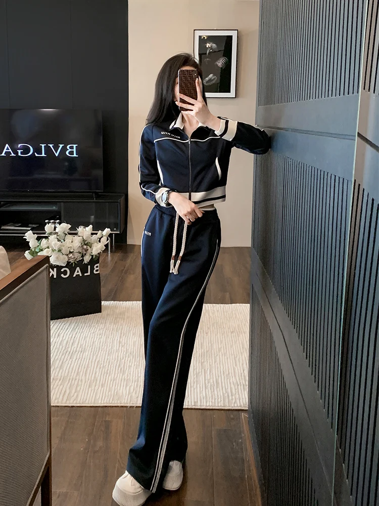 Korean Version White Sports and Casual Set Women\'s Autumn 2023 New Slim Standing Neck Zipper Top Wide Leg Pants Two Piece Set2XL