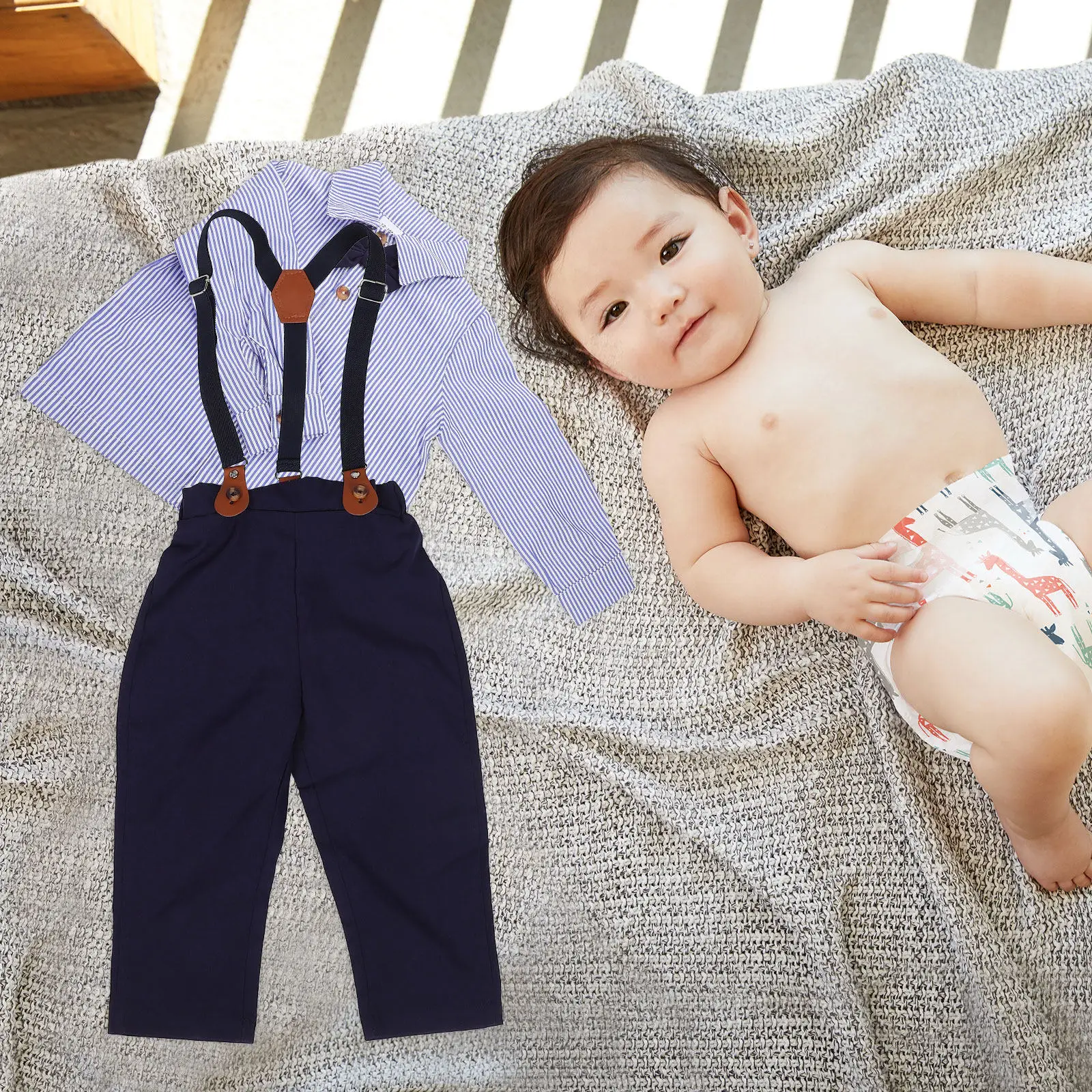 1Set Boys Formal Outfit Toddler Gentleman Style Long Sleeve Shirt Bow Tie Overalls Set Spring Autumn Comfortable Polyester Baby