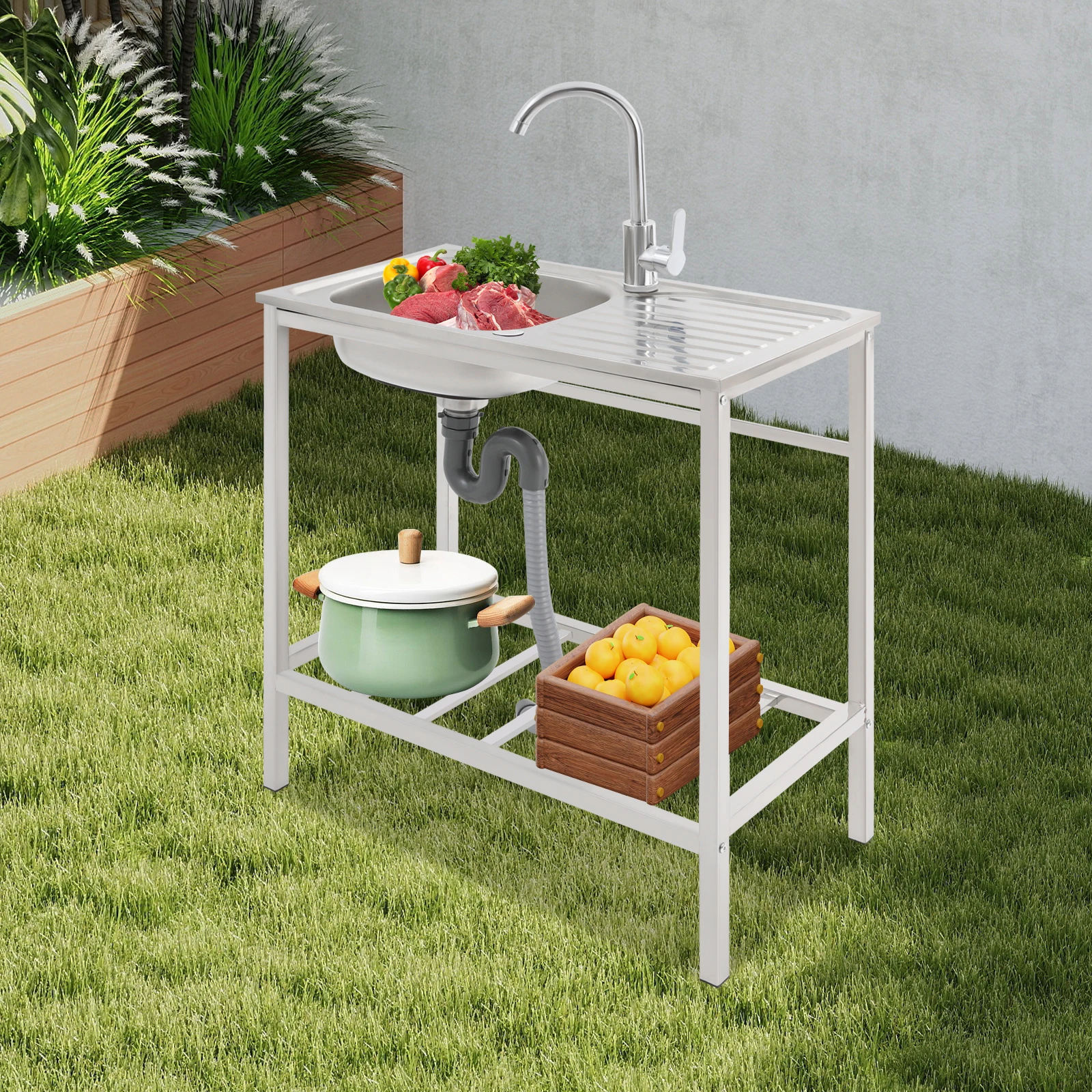 Free Standing Kitchen Sink with Operation Countertop And Bottom Shelf Single Bowl 360° Adjustable Faucet 29.5x15.7x29.5 in