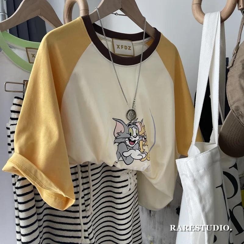 قميص نسائي صيفي كاجوال من القطن بتصميم كرتوني وألوان متباينة، مقاس كبير 300، بأكمام قصيرة