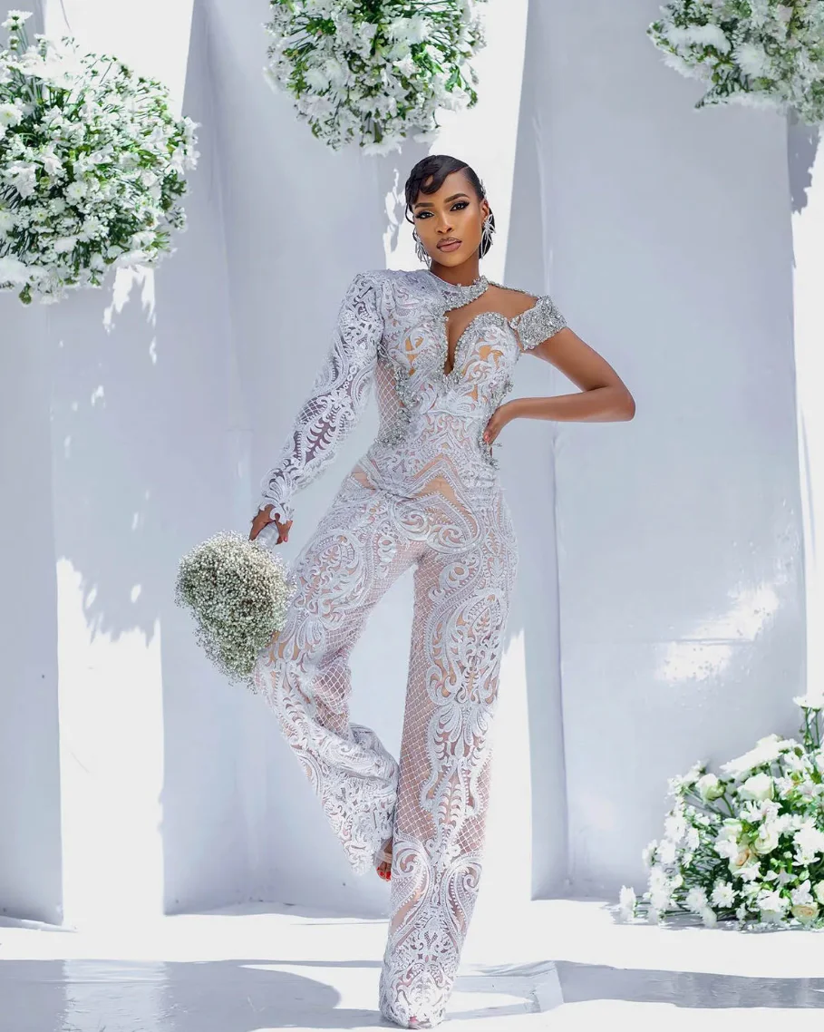 Customized Wedding Jumpsuits Dress One Shoulder Beading Bridal Gowns Lace Long Sleeve Elegant Bride Dresses
