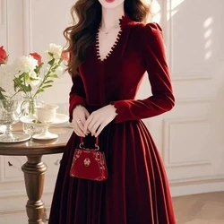 Spring Fall Women Thick Warm Wine Red Ruffled Deep V Neck Velour Dress , Woman Autumn  Velvet Dresses