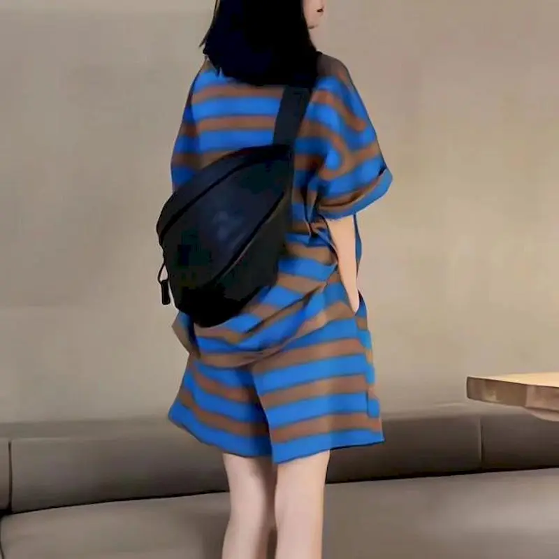 Striped T Shirts Sets Women Fashion Drawstring Design Patchwork Short Sleeve T-shirt and Wide Leg Shorts Oversized Two Piece Set