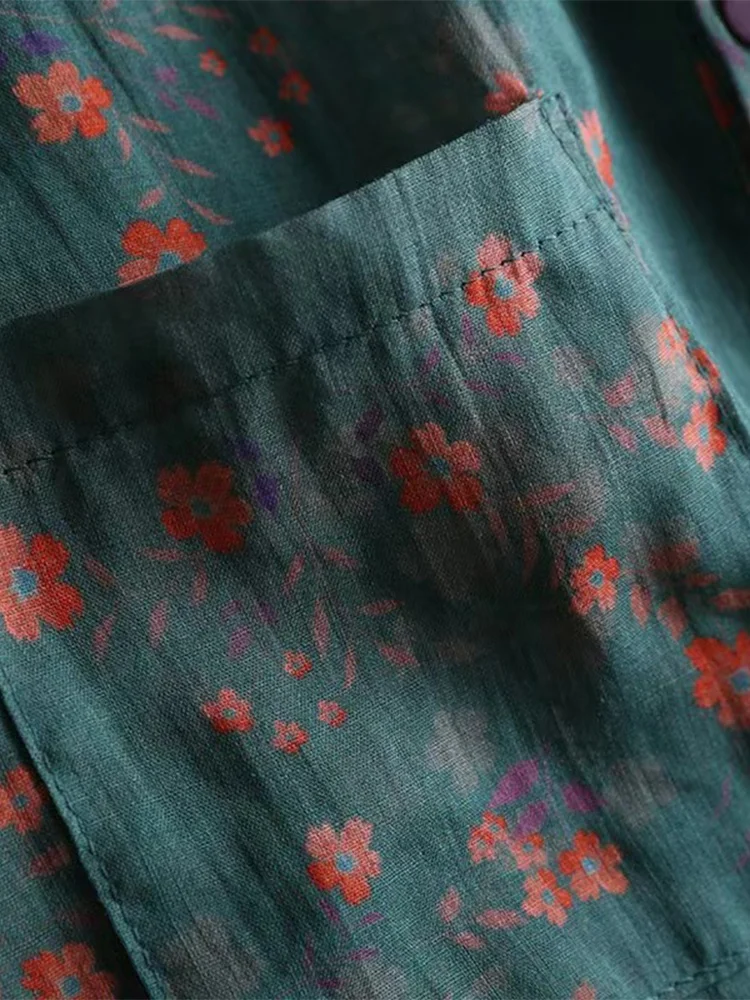 Retro bloemen linnen ort Sve casual katoen linnen dames irt kraag knoopdetail losse pasvorm zomer