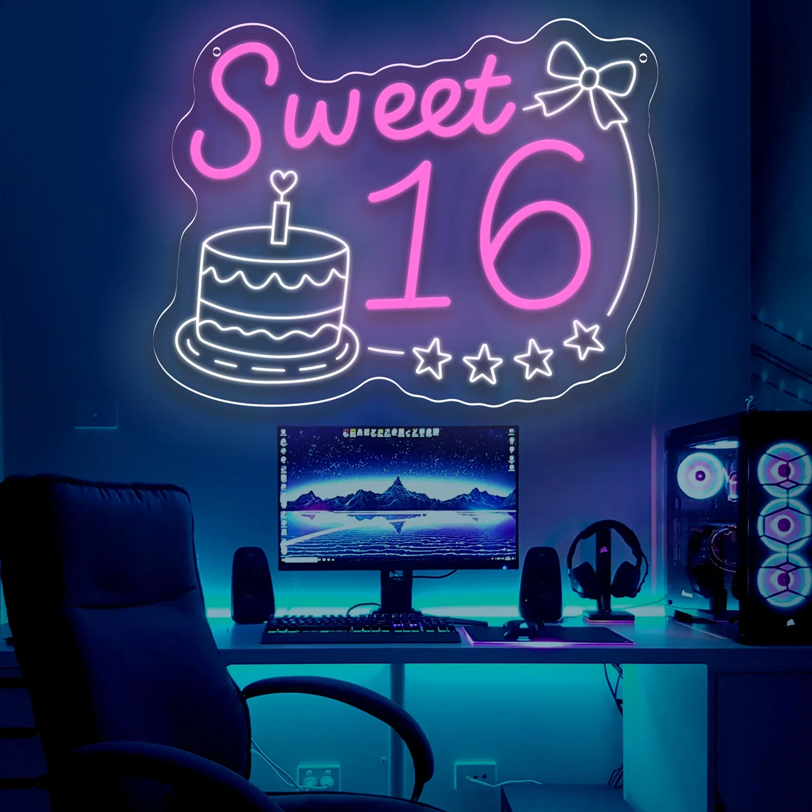 LED ضوء النيون تسجيل الحلو 16 كعكة عيد ميلاد النيون تسجيل جدار ديكور للفتيات غرفة نوم Kawaii نادي الحفلات هدية للمراهقين USB الطاقة #4