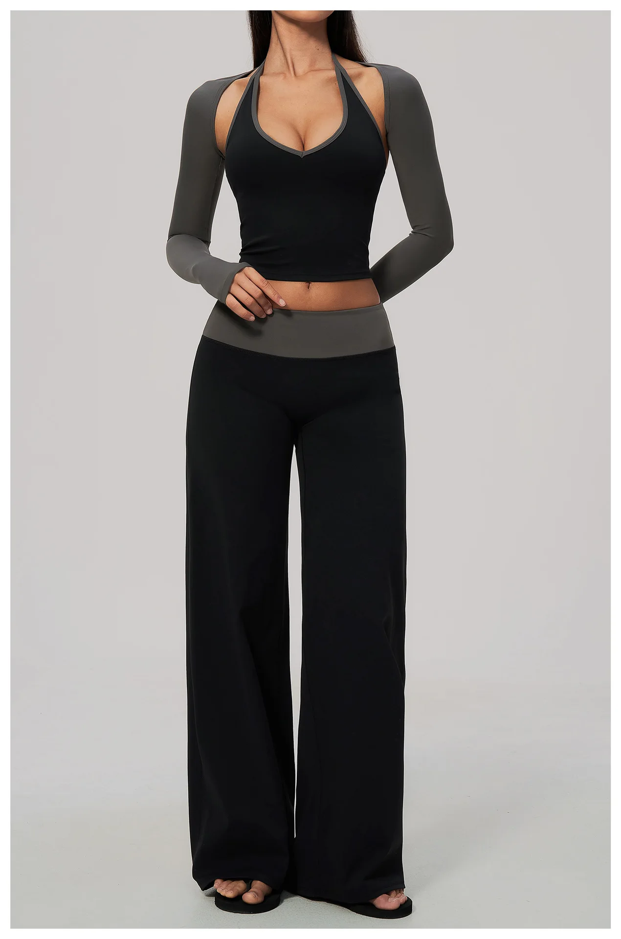New Sports Suit V-neck Hanging Neck Contrasting Color High Waisted Waist Cinched Long Sleeved Cover Up Three Piece Set