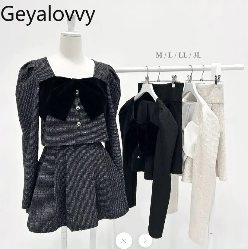 

2026 Spring New Versatile Heavy-Duty Two-Piece Set Bubble Long-Sleeve Square-Neck Large Bow Tops and Cute Sweet Short Skirt
