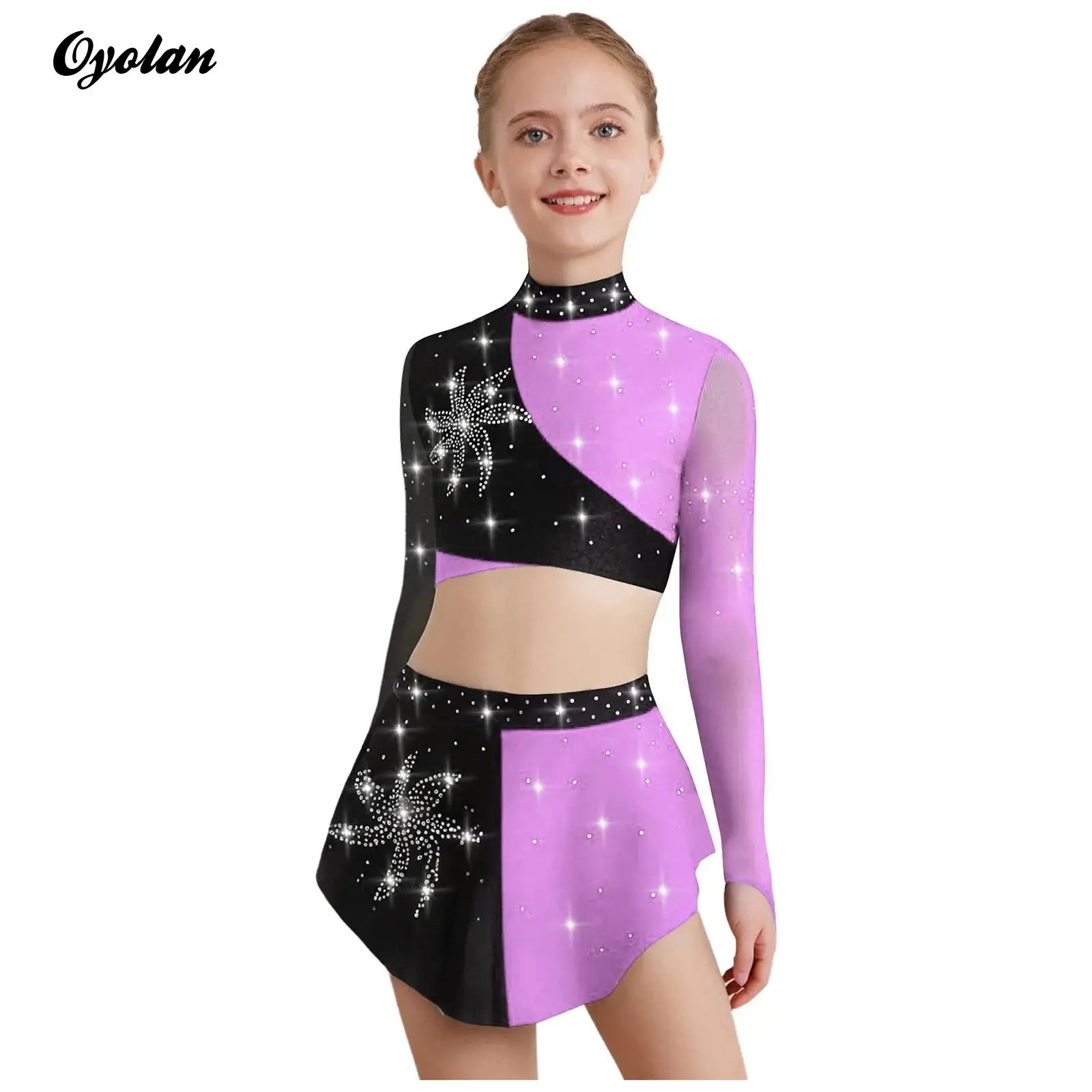 Justaucorps de gymnastique pour enfants filles, Costume de spectacle de danse lyrique, patinage artistique, strass brillants, haut court avec jupe
