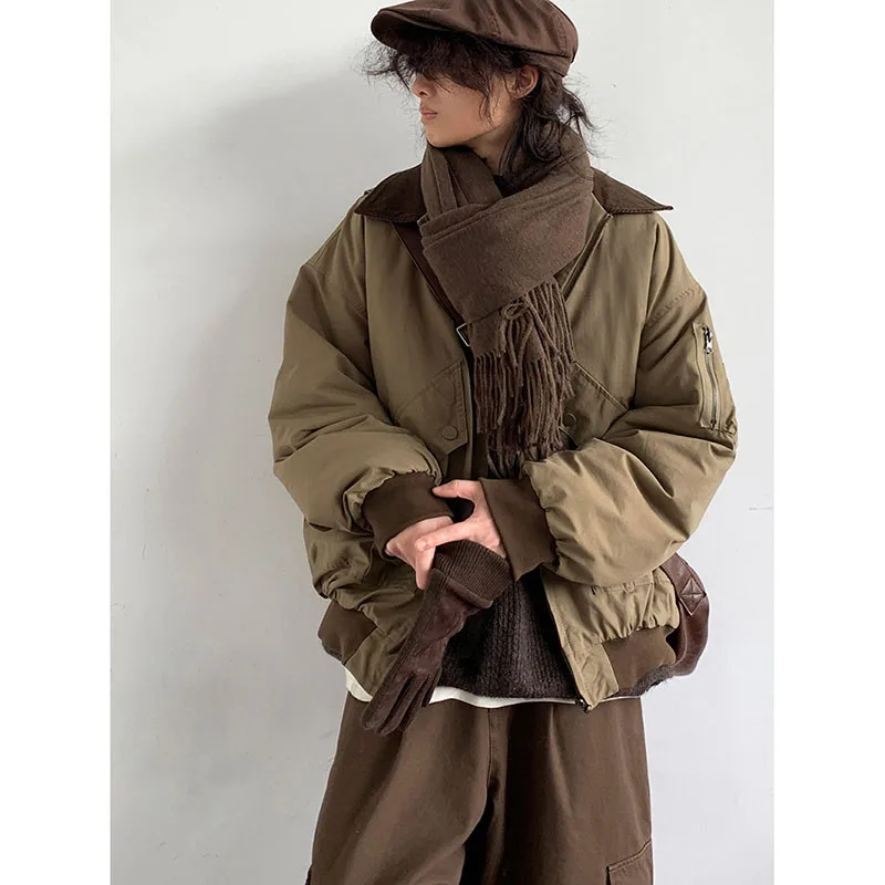 Autumn Winter Cargo Set Men Retro Loose Thick Cotton Jacket+Solid Color Baggy Wide Leg Casual Pants Japanese Street Unisex Suit