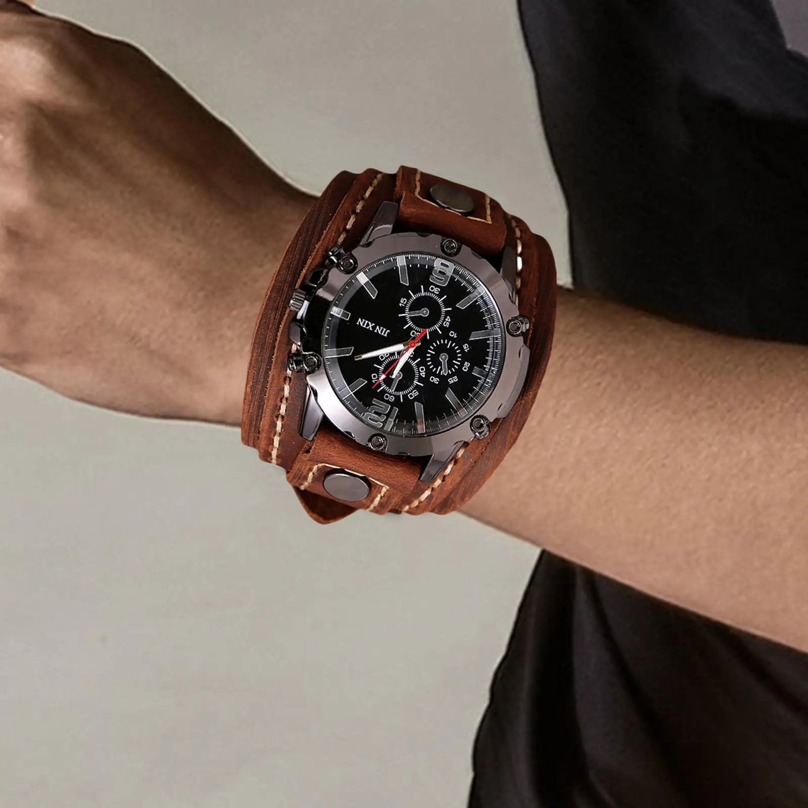 Reloj de pulsera punk vintage, reloj de pulsera con números romanos y correa ancha de cuero PU, relojes para hombres y mujeres