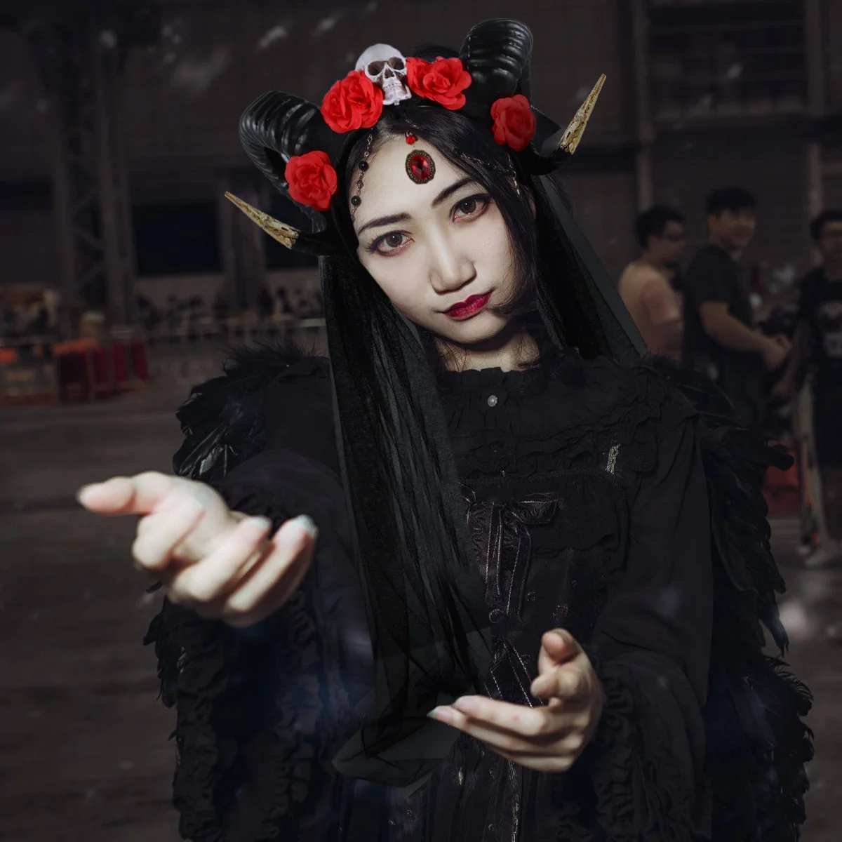 

Horn Headband Gothic Skull Rose Floral Veil Halloween Party Costume Photo Prop Hair Accessories Horn Hair Band