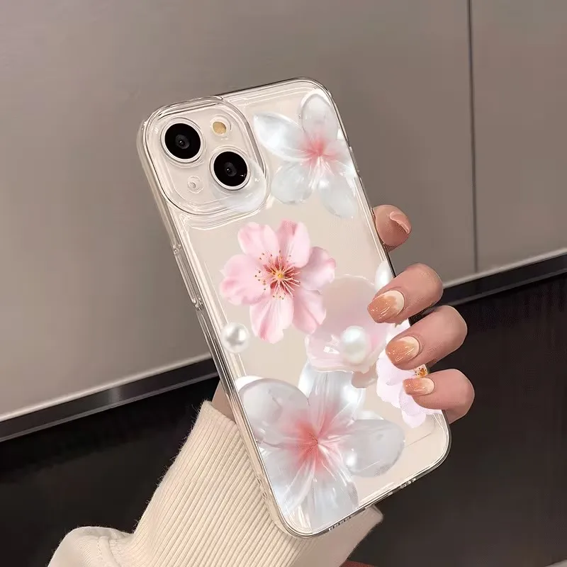 أنيقة الوردي زهر الخوخ اللؤلؤ طباعة جراب هاتف آيفون 16 17 برو ماكس 15 14 13 12 11 برو ماكس 16E X XS 7 8 زائد غطاء شفاف