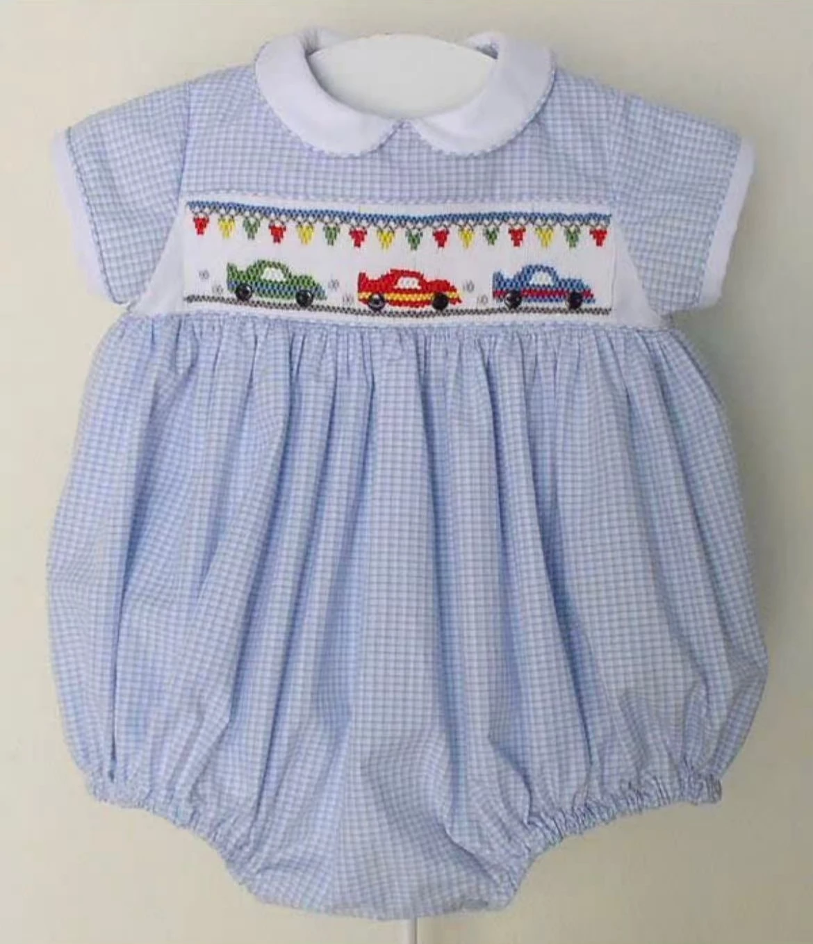 

0-6Y Boy Car Embroidery Handmade Smocking Blue Plaid Romper A307