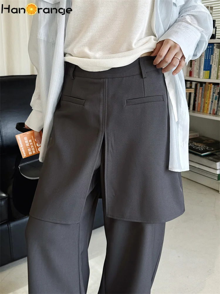 HanOrange 2026 Summer Stackable Non Detachable Butt Curtain Straight Pants Women Smooth Layered Trousers Black/Apricot/Dark Gray