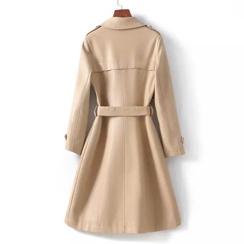 2024 Spring Women's Genuine Leather Trench Coats Fashion Khaki Double-breasted Lace-up Belt Mid Length Ladies Sheepskin Outwear