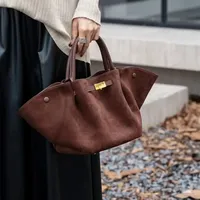Matte Suede Tote Bag Women's Large Capacity Handbag Fashion Lock Buckle Wing Design Soft Leather Interior Zipper Pocket Demelli