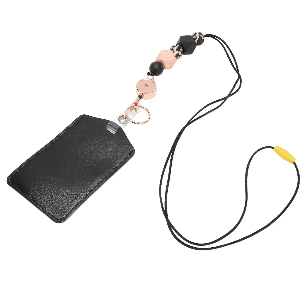Retractable Silicone Beaded Lanyard Flesh Pink/Pink/Purple/Grey PU Material ID Badge Holder with Lanyard Silicone Beaded