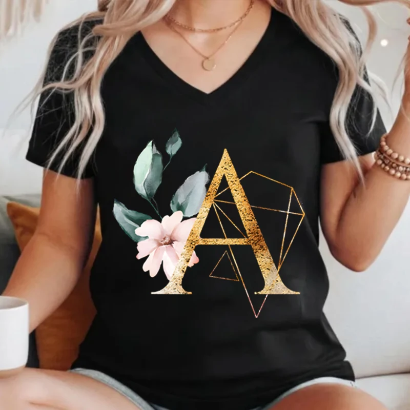 Women's V-Neck T-Shirt Flower Letter Font A B C D E F G Short Sleeve Female Tees Tops A-Z 26 Alphabet Floral Casual Tee Clothes