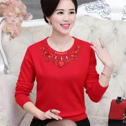 Beaded Retro Autumn Winter Loose O-neck Long-sleeve Warm Sweaters Knitwear Top Women Middle-aged Mother Pullover Sweater M-4XL