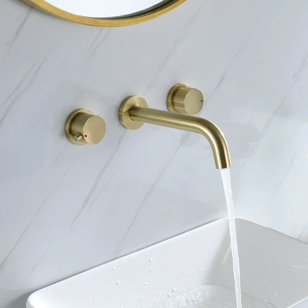 Wall mounted wash basin faucet brushed gold faucets mixers taps 3 hole brass bathroom sink faucet