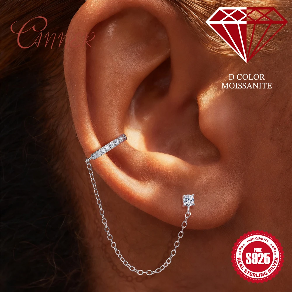 CANNER 925 Sterling Silver 1PC Shiny Moissanite Tassel Chain Stud Earring Cuff  For Women Party Wedding Jewelry Gift For Her