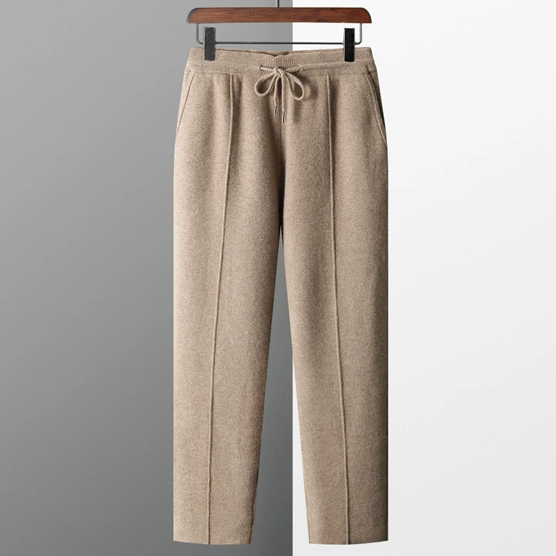 Autumn Winter 100% merino Wool Men's Wool Pants Thickened Knitted Long Pants Slim Fitting Solid Color Warm Flat Corner Pants