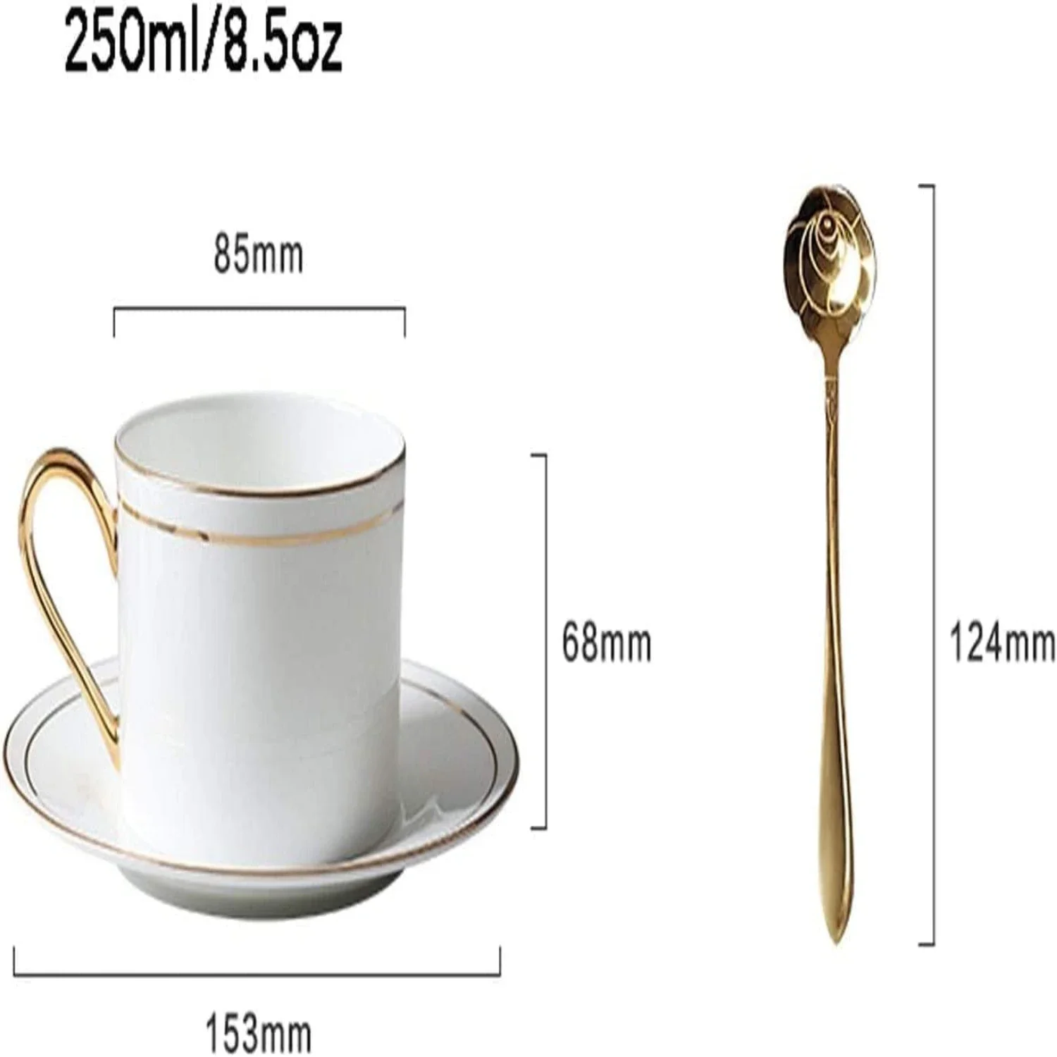 Conjunto de xícaras de chá e café de cerâmica branca requintada e bonita – Caneca de café elegante de 8,5 onças e xícara de chá com linha dourada ornamentada de