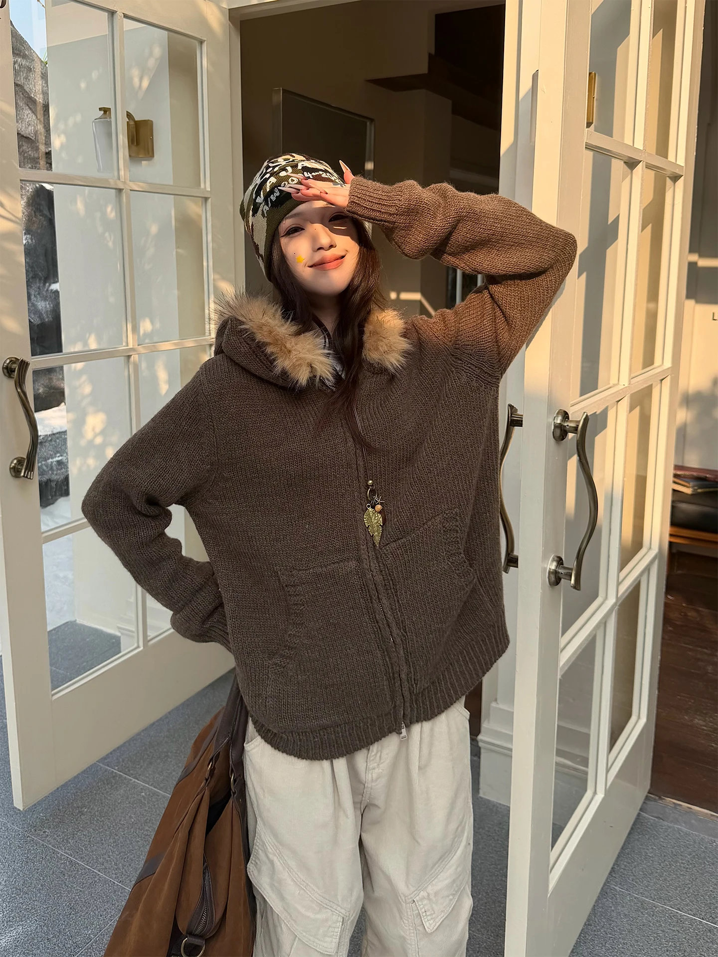 

Don Cry Wool Blend Removable Fur Collar Hoodie ex American Lazy Versatile Slimming Hooded Open Cardigan Trendy Knitted Sw...