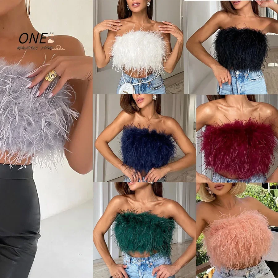 Faux Fur Plush Tube Top Warm Crop Sleeveless Backless Crop Tops Fluffy Strapless Stitching Tank Top Night Party