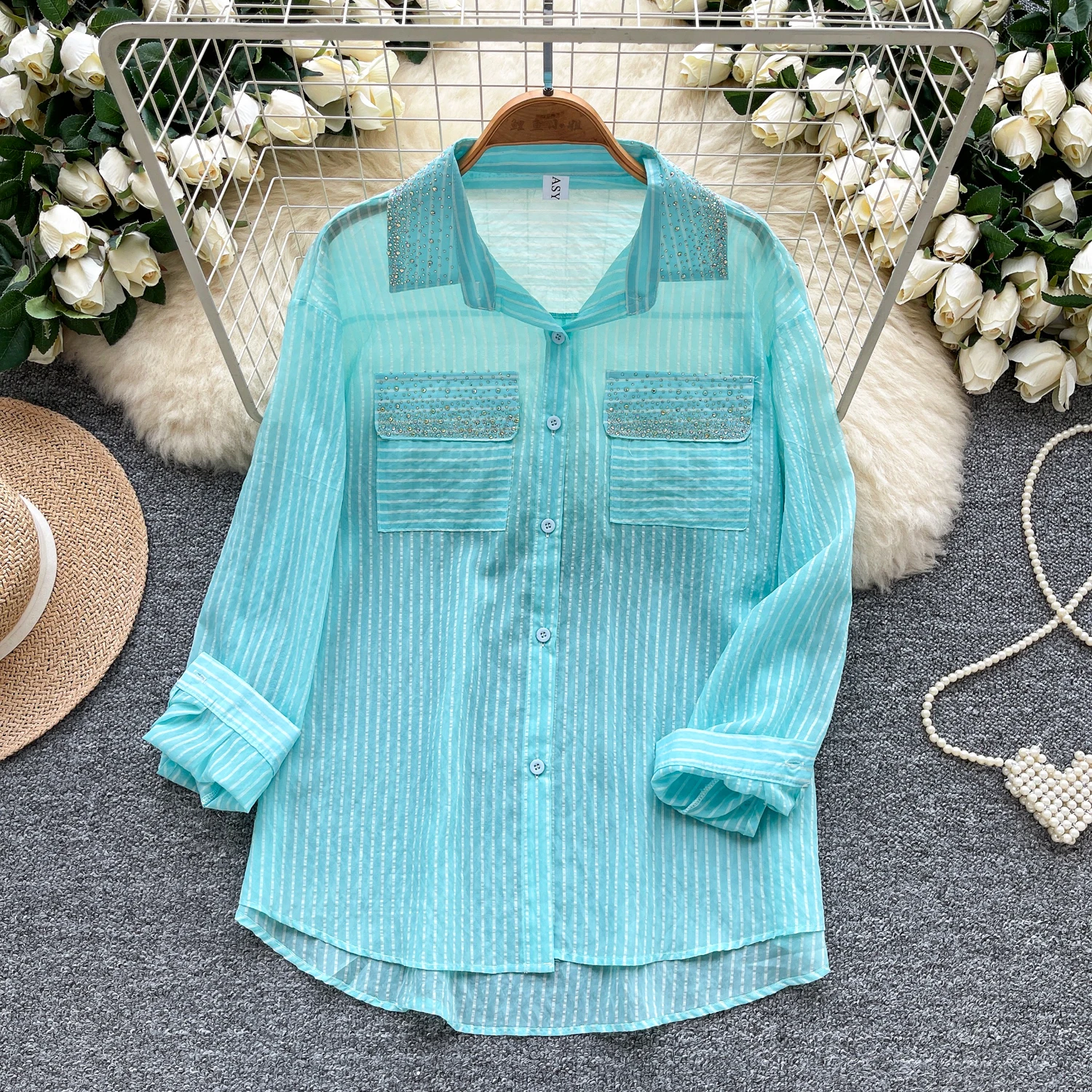 

Винтажная блузка со стразами и пуговицами с длинным рукавом, элегантная модная женская милая рубашка, женская одежда