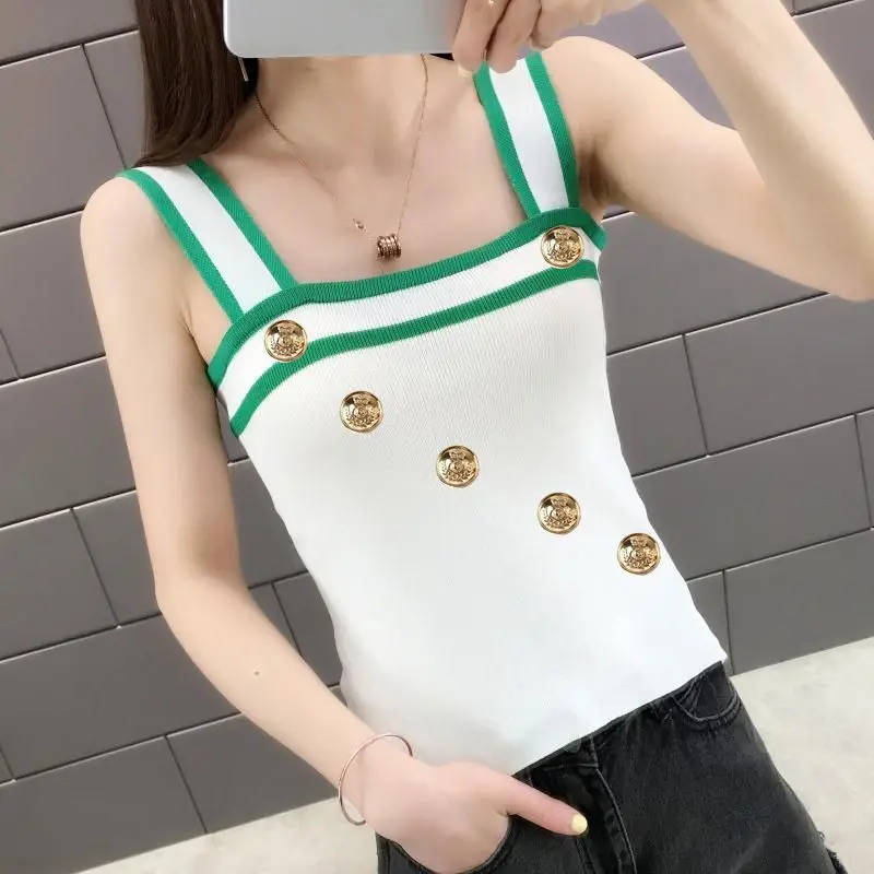 Outdoor Fashion French Style Irregular Tank Top Button Design Camisoles Women Crop Top