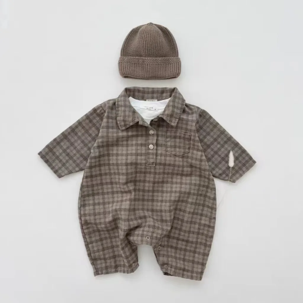 Autumn New Baby Long Sleeve Plaid Romper Newborn Toddler Boy Casual Jumpsuit Cotton Infant Girl Loose Lapel Clothes 0-24M