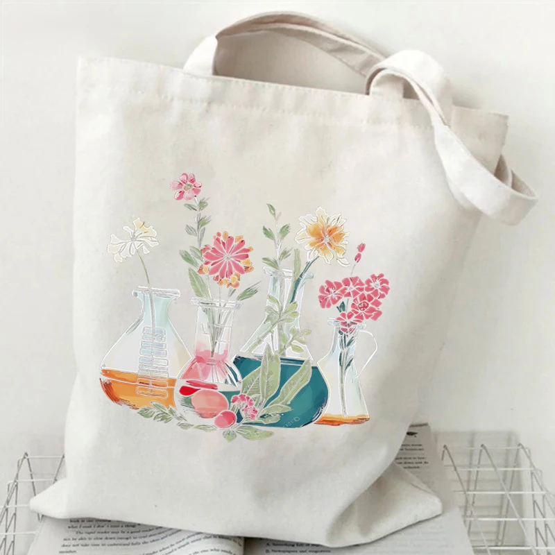 Vintage Microscope Flower Design Graphic Canvas Tote Shoulder Shopper Bags Storage Travel Bag Handbag & Shopping Gift Bag