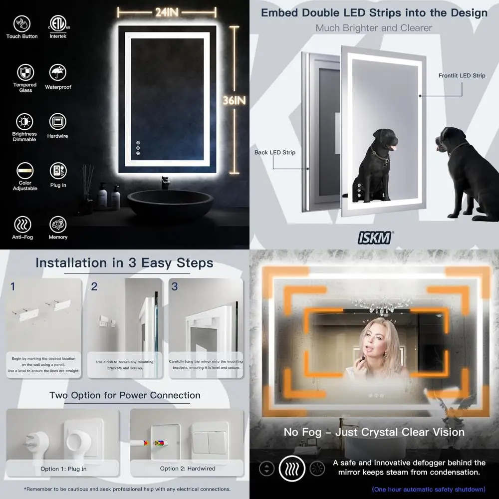 Miroir de courtoisie LED mural 24 x 36 avec éclairage avant et arrière, verre trempé antibuée, certifié ETL