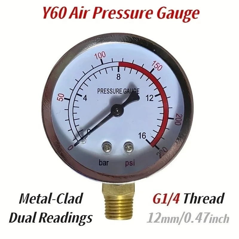 Y60 Air Pressure Gauge 12mm 1/4 BSP Thread Dual Scale 16 Bar 240 PSI for Air Compressors