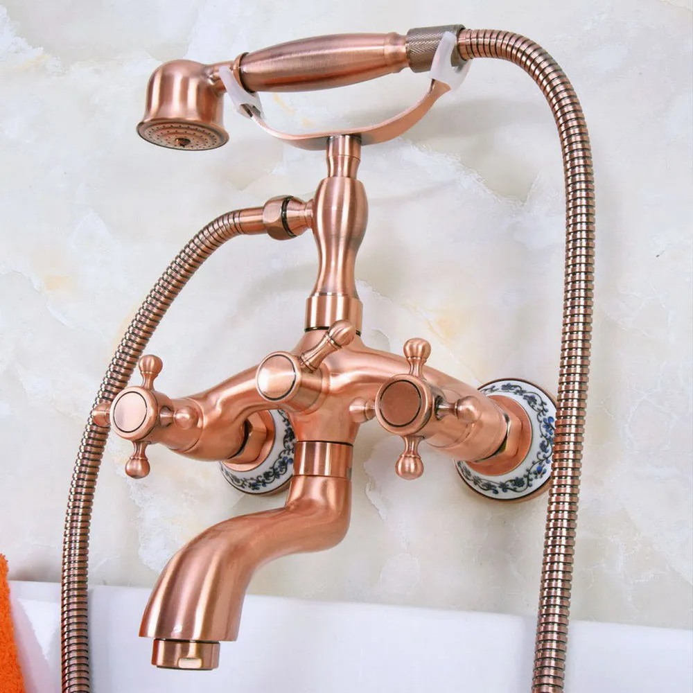 

Antique Red Copper Brass Dual Cross Handles Wall Mounted ClawFoot Bath Tub Faucet Mixer Tap With Hand Shower Spray mna324