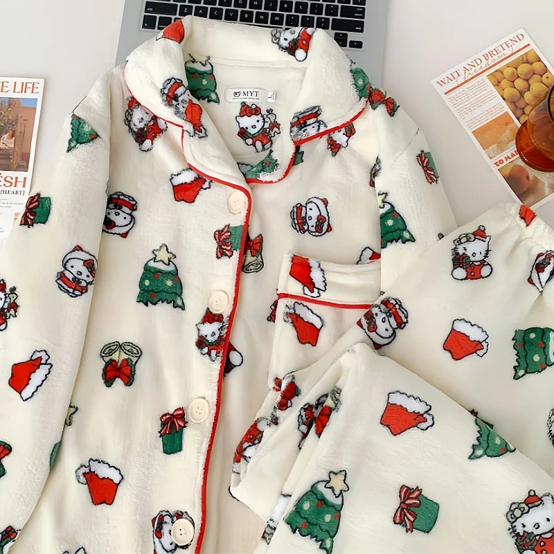 Nuevos pantalones de pijama de dibujos animados Sanrio, pantalones de pijama de franela de gatito de Feliz Navidad, regalos casuales para el día de Navidad, pantalones para el hogar, pantalones calientes