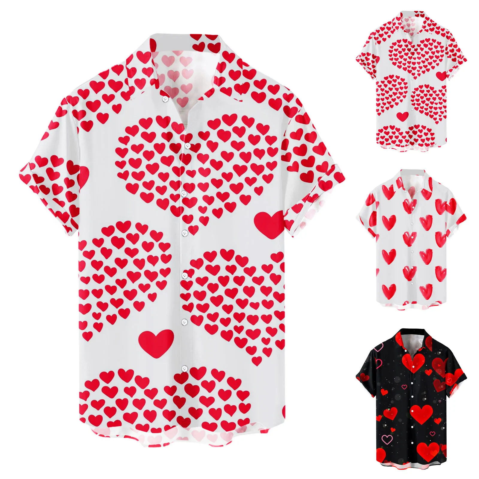 Heart Love Dots Print Men Shirt Summer Short Sleeve Blouse Button White Valentine Day Clothes Party Social Dress Male Tops