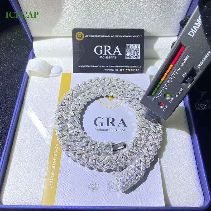 Luxury Iced Out 18mm Width 2 Rows Hip Hop Jewelry 925 Sterling Silver Gold Plated Vvs Moissanite Cuban Link Chain Necklace.