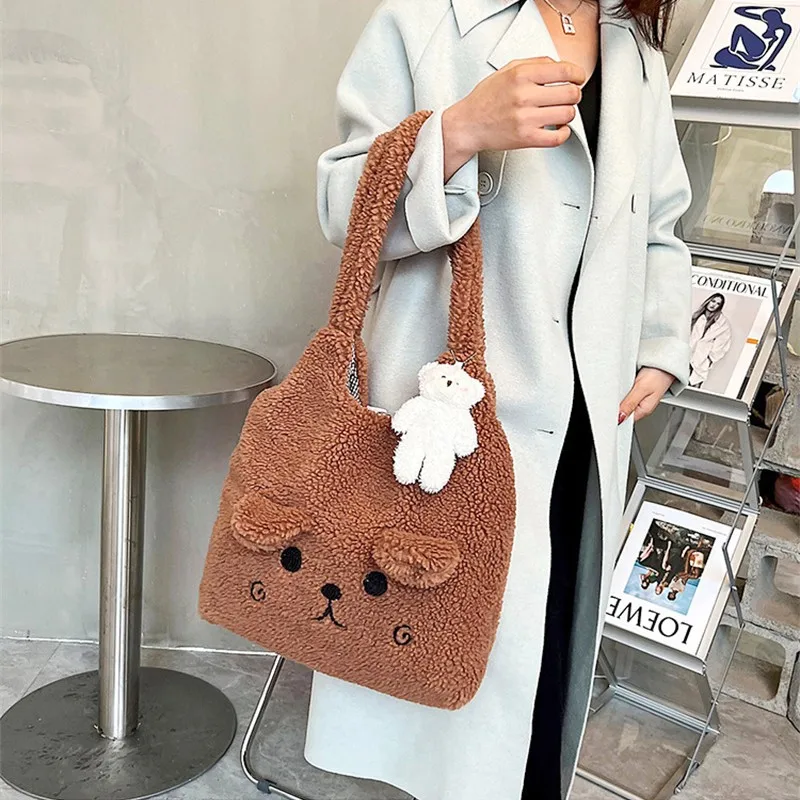 2023 Winter Soft Plush Tote Bag Cartoon Embroidery Imitation Lamb Hair Shoulder Bag for Women Shopper Bag Handbag Shopping Bag