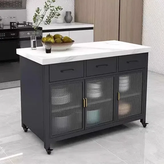 LH mid-island kitchen dining table integrated dining side cabinet marble removable island