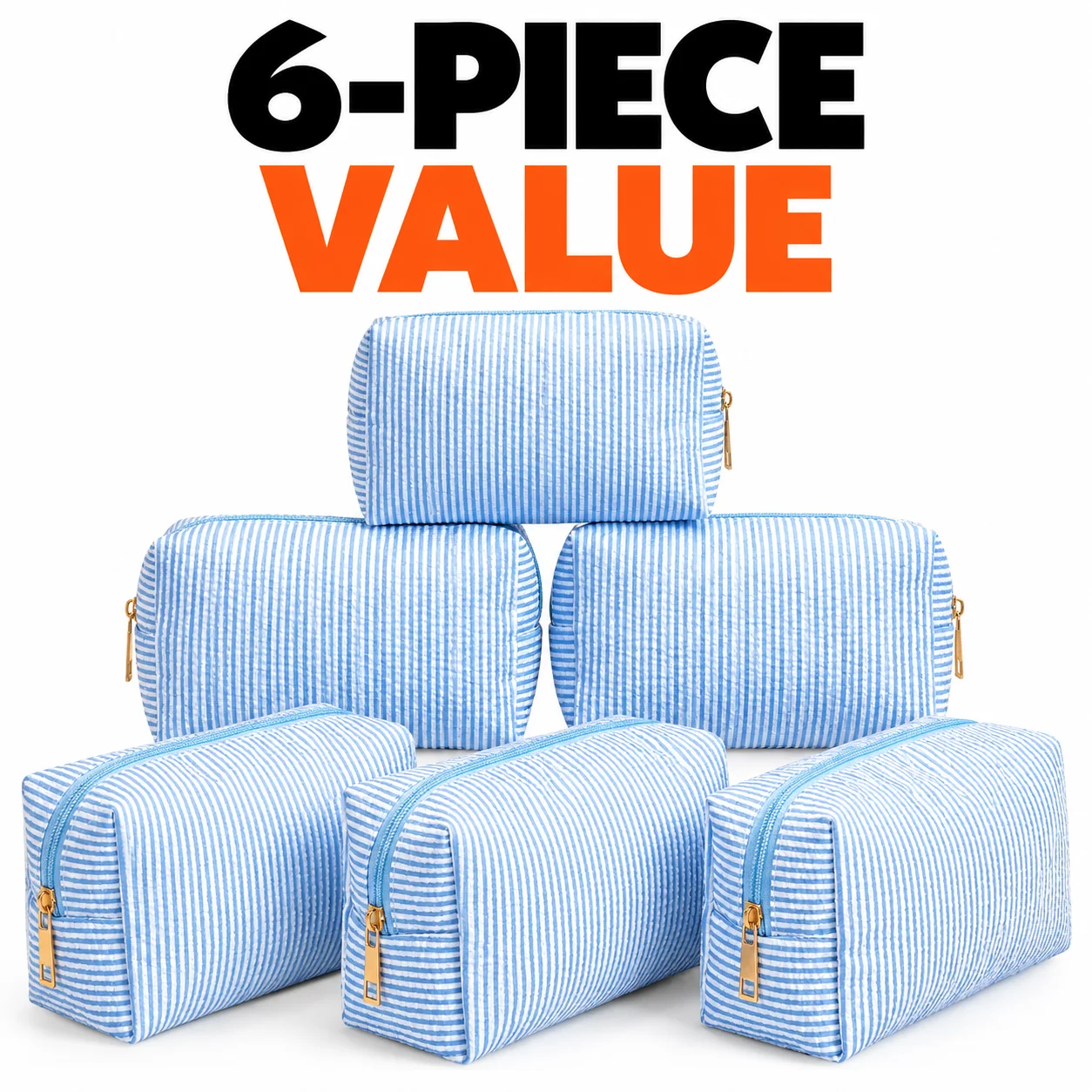 Zoyiancy 6 Pcs Seersucker Cosmetic Bags Light Blue White Striped Zipper Makeup Pouches
