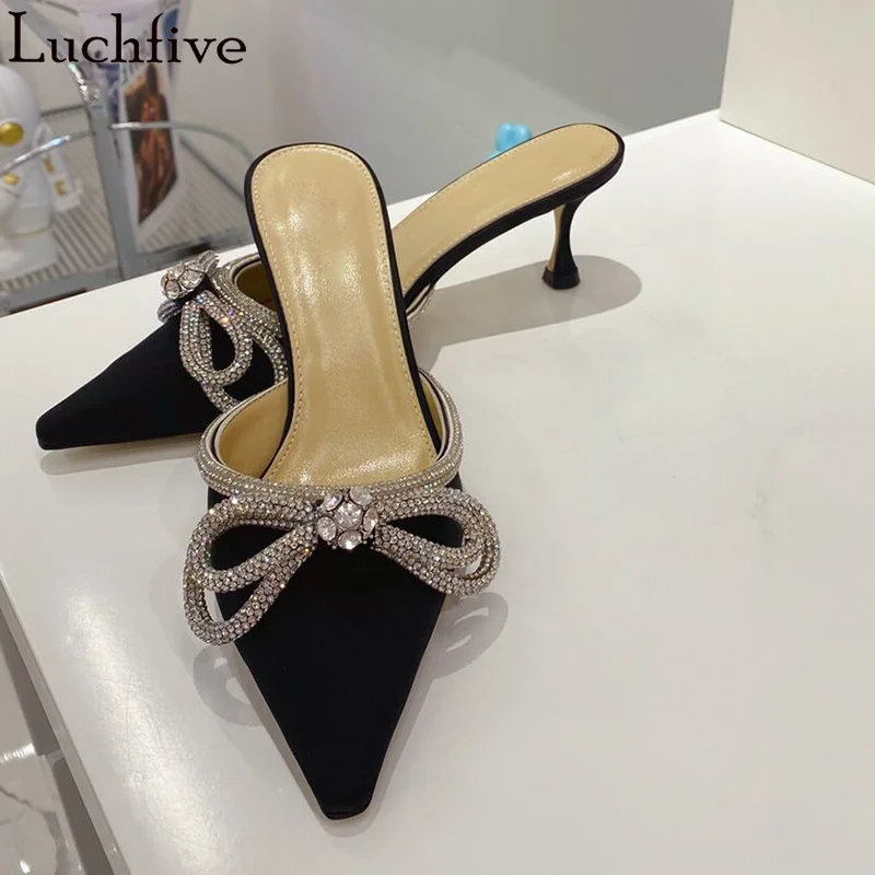 Sexy Pointy Wrap toe Kitten Heel Satin Slippers Women Luxury Bow Design Brand Crystal Slippers Summer Runway Dress Party Shoes