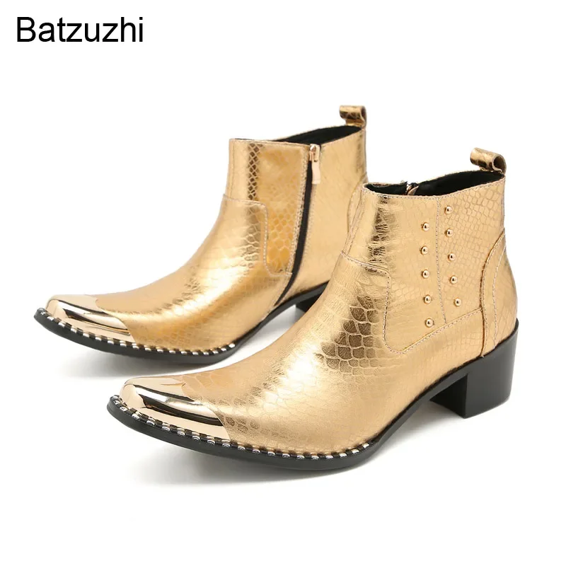 

Batzuzhi 6.5cm Heels Pointed Metal Tip Gold Short Leather Boots Men Formal Knight, Pary and Wedding Boots Male, Big Size 38-46!