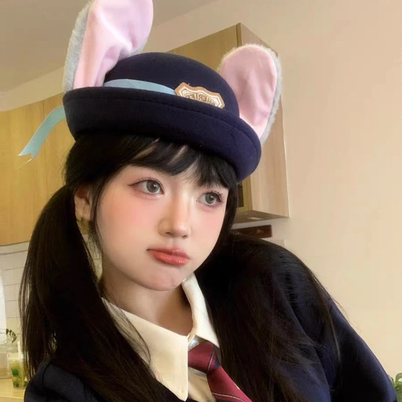 Halloween Bunny Ear Bowler Hat Cosplay Anime Rabbit Sheriff Costumes Props Kawaii Bendable Ear Hats Captain Police Caps