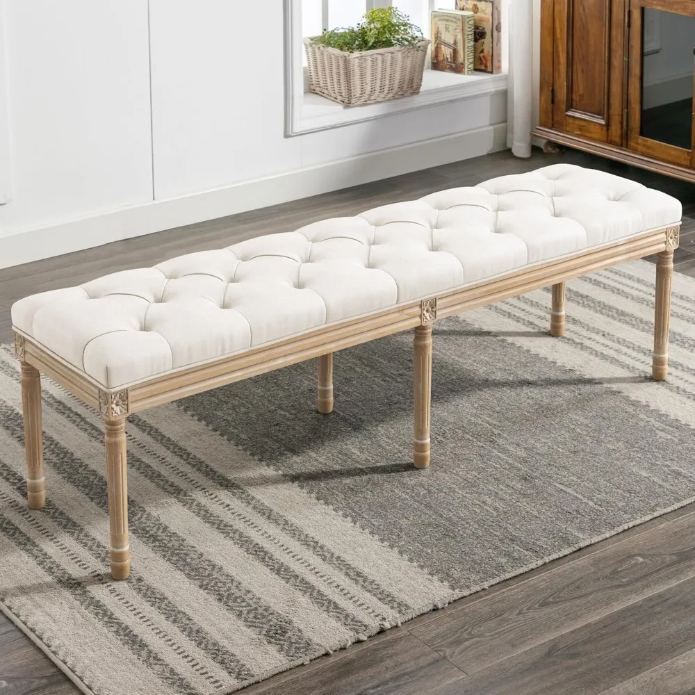 Bangku Ujung Tempat Tidur Kain 60", Bangku Kamar Tidur Prancis Berumbai Berlapis dengan Kaki Berukir untuk Ujung Tempat Tidur Kamar Tidur